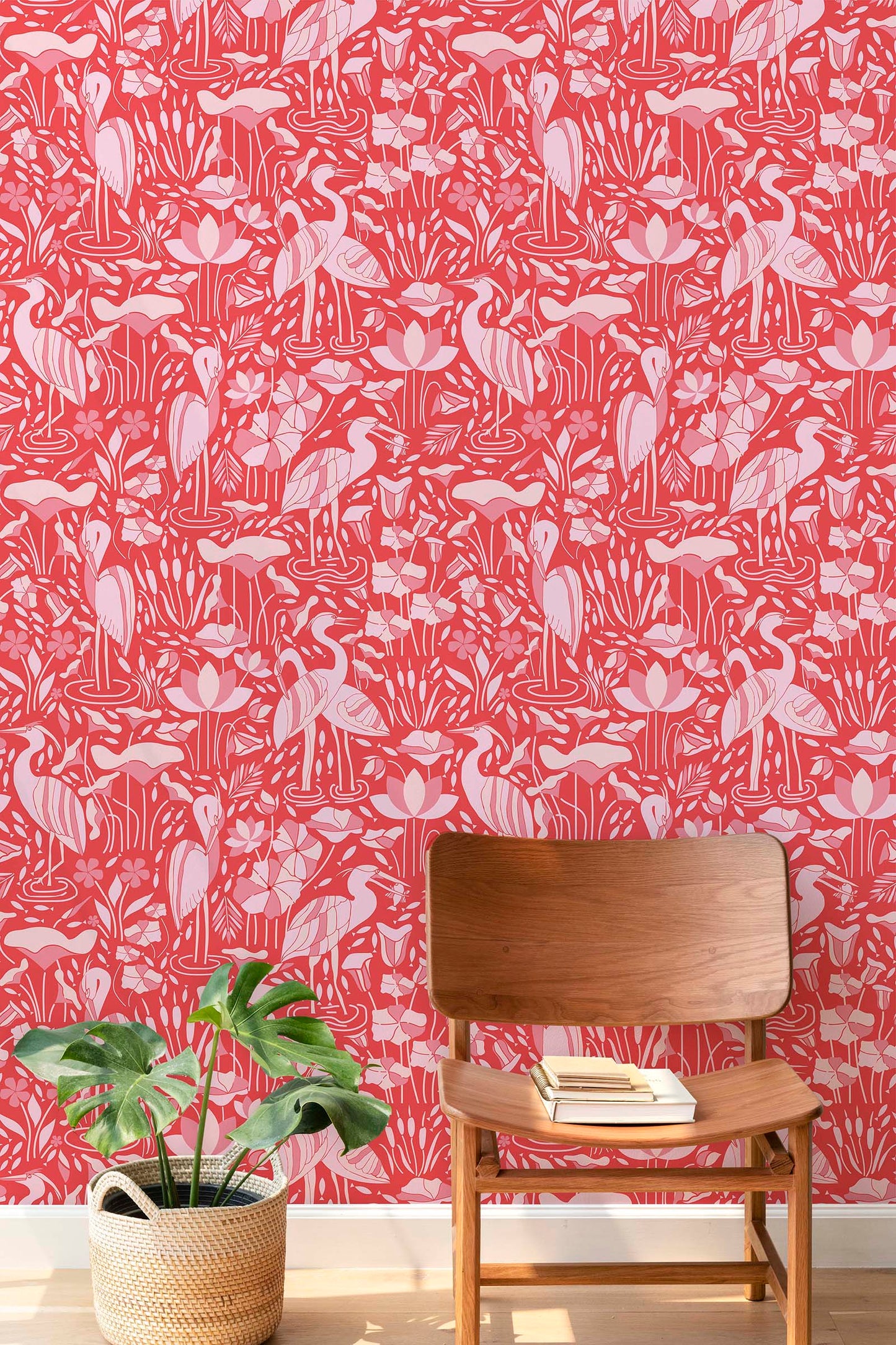 Herons By the Lake in Pink Peel and Stick Wallpaper - Animals, Leaves