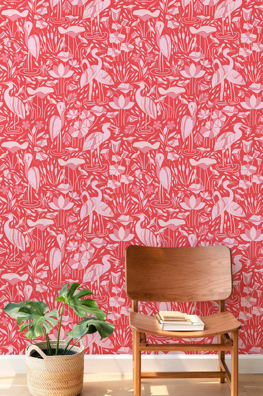 Herons By the Lake in Pink Peel and Stick Wallpaper - Animals, Leaves