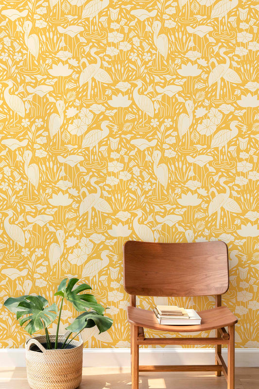 Herons By the Lake in Yellow Peel and Stick Wallpaper - Animals, Bird, Birds