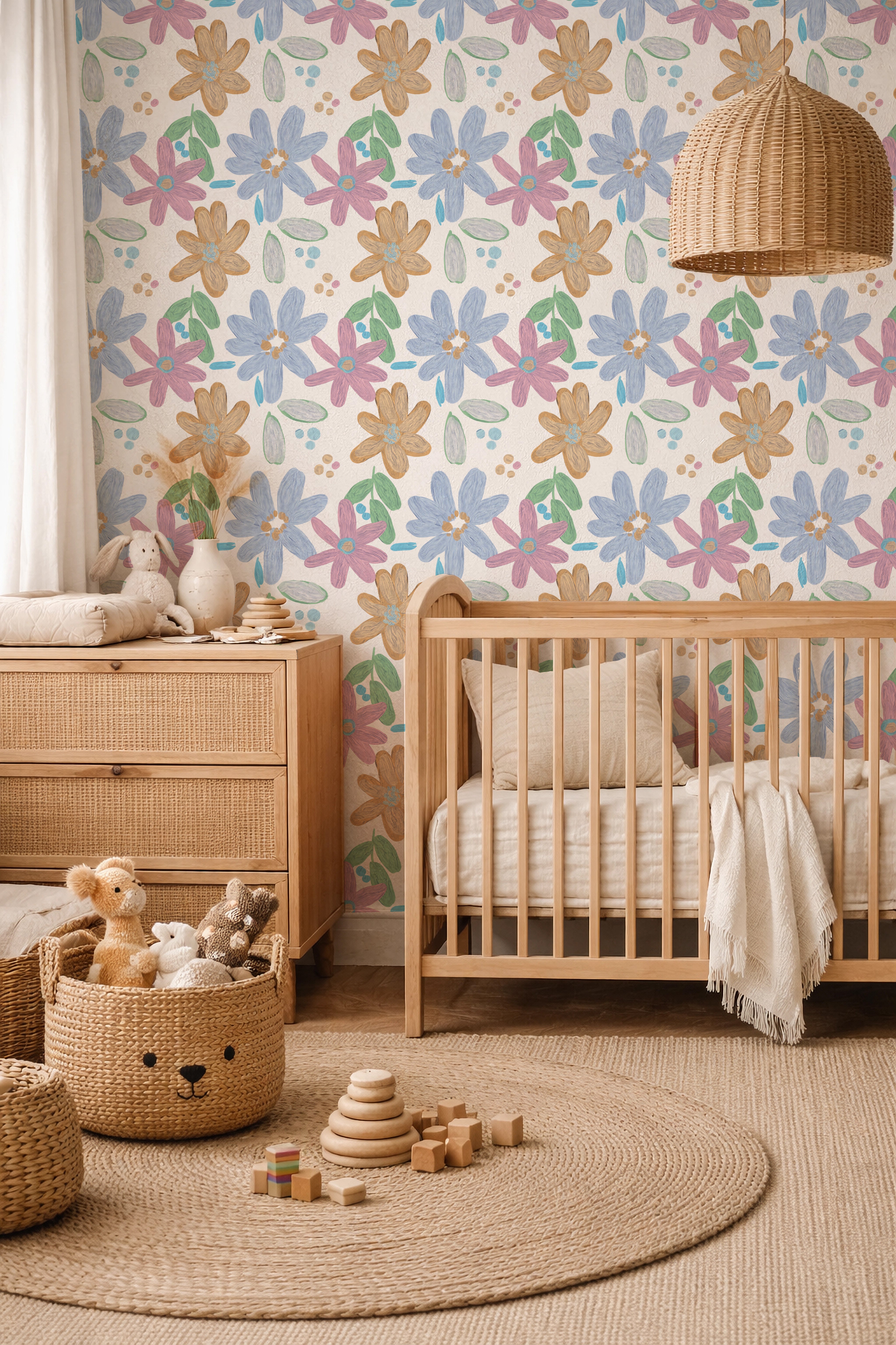 Impasto Florals Blue peel and stick wallpaper room mockup