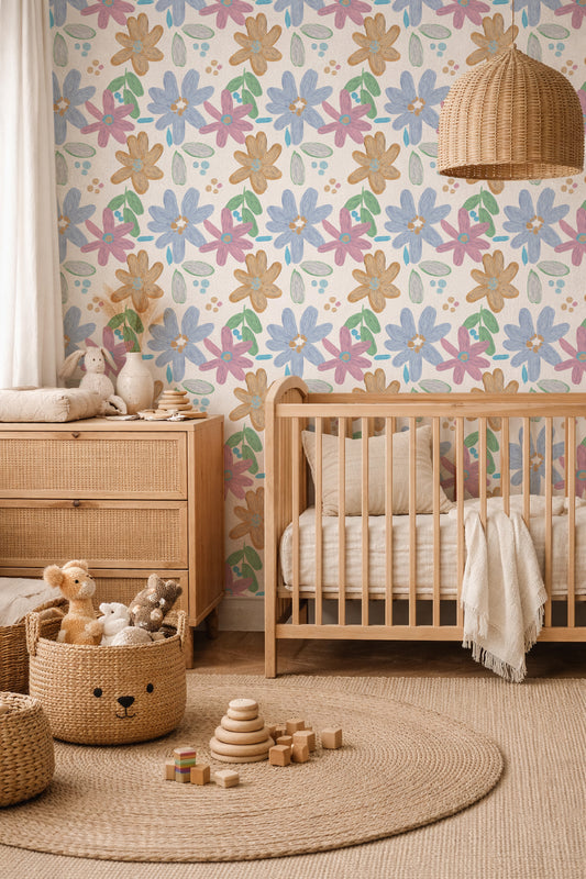 Impasto Florals Blue peel and stick wallpaper room mockup