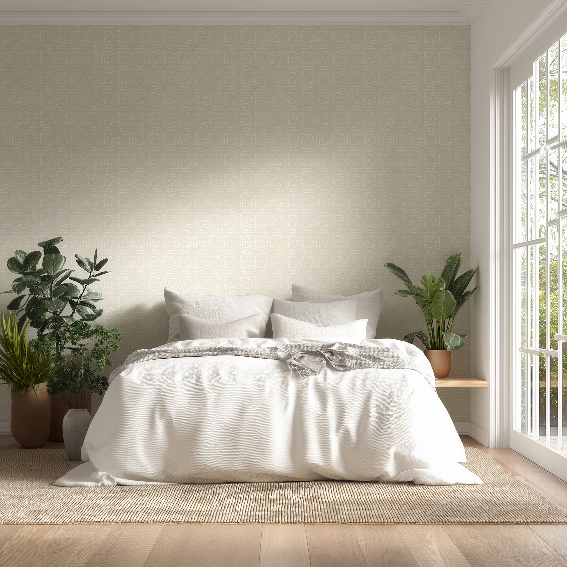 Modern bedroom with a bed, plants, and large windows.