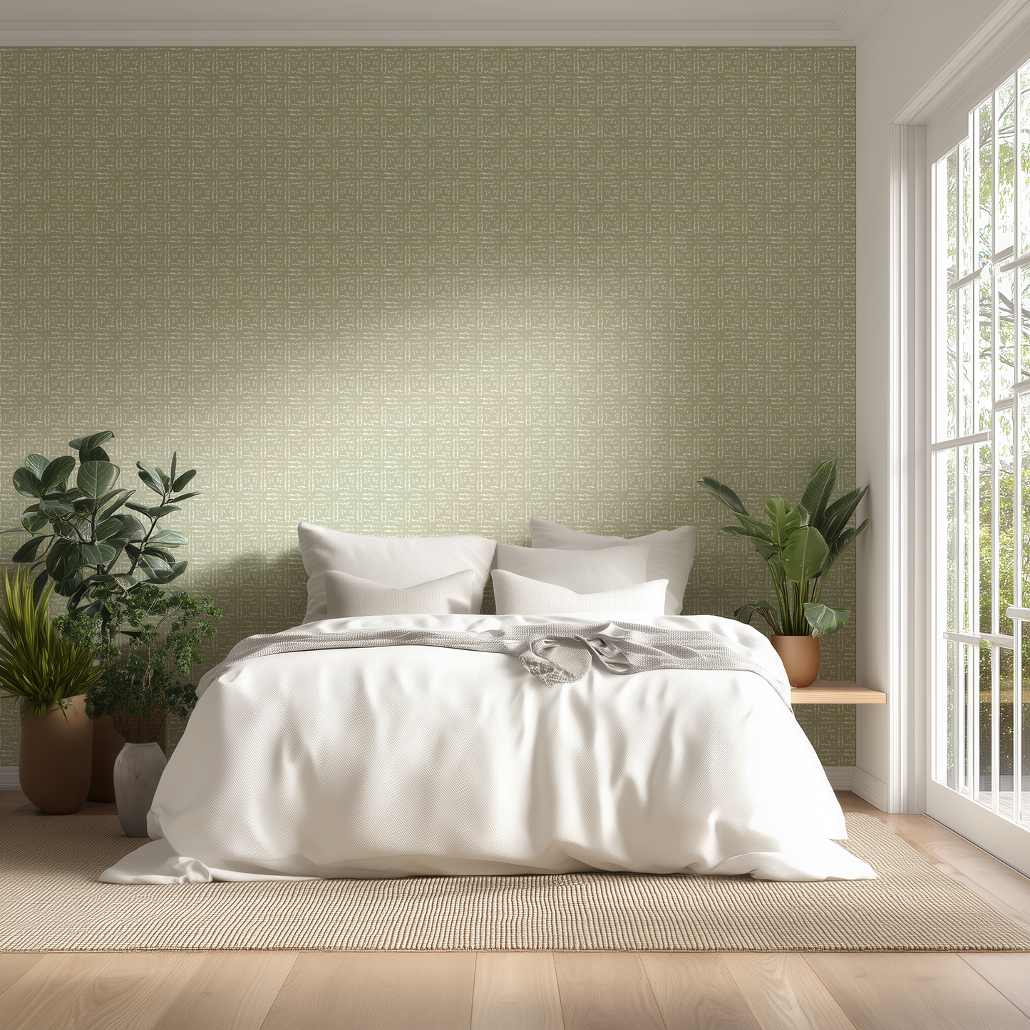 Modern bedroom with a bed, plants, and green wallpaper.