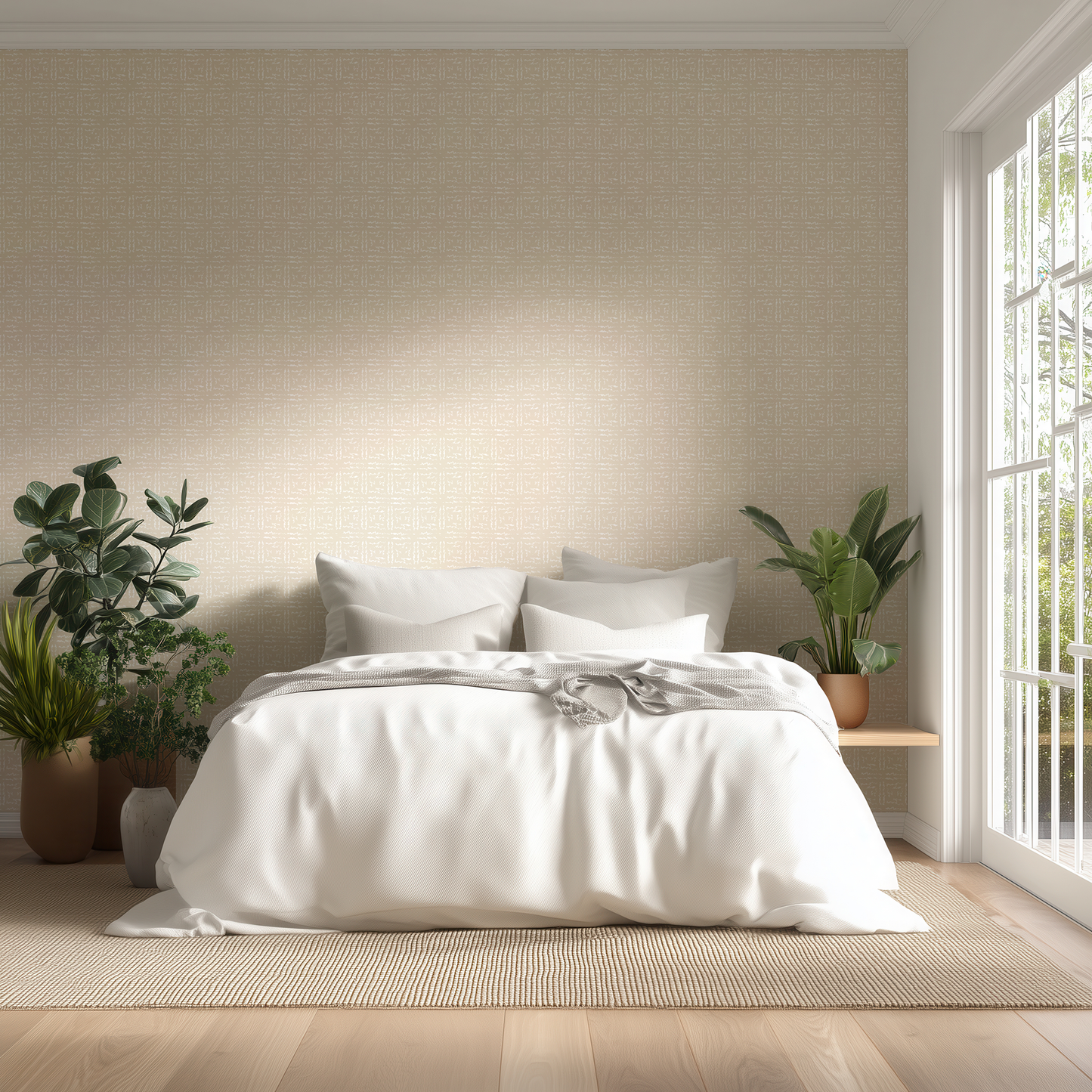 Neatly made bed with white bedding in a bright bedroom with plants and large windows.
