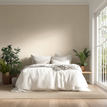Neatly made bed with white bedding in a bright bedroom with plants and large windows.