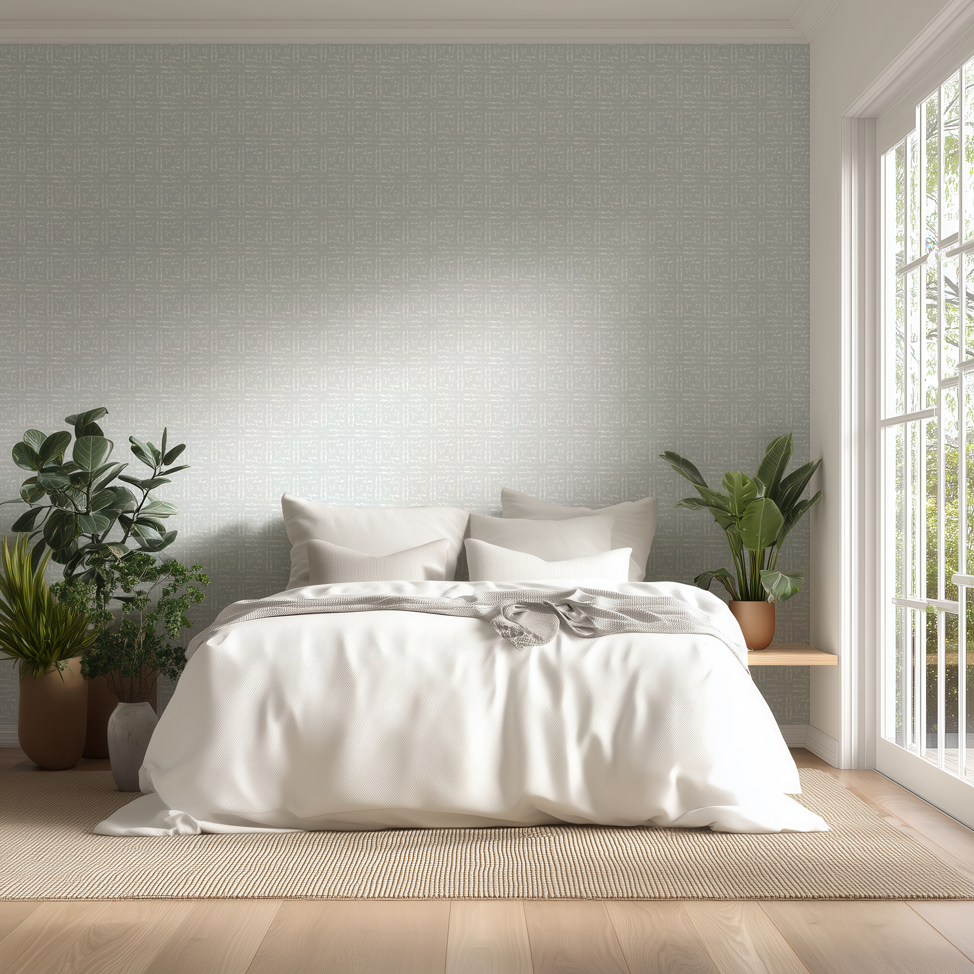 Modern bedroom with a bed, plants, and large windows.