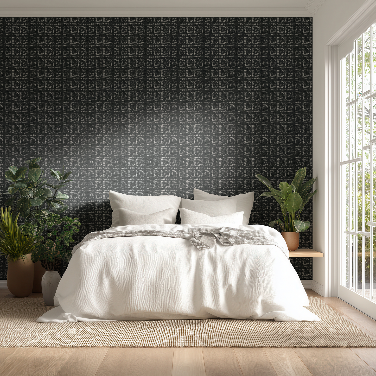 Modern bedroom with a bed, plants, and a dark textured wall.