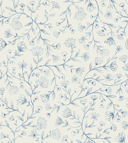 Innessa Floral Blue peel and stick wallpaper pattern detail