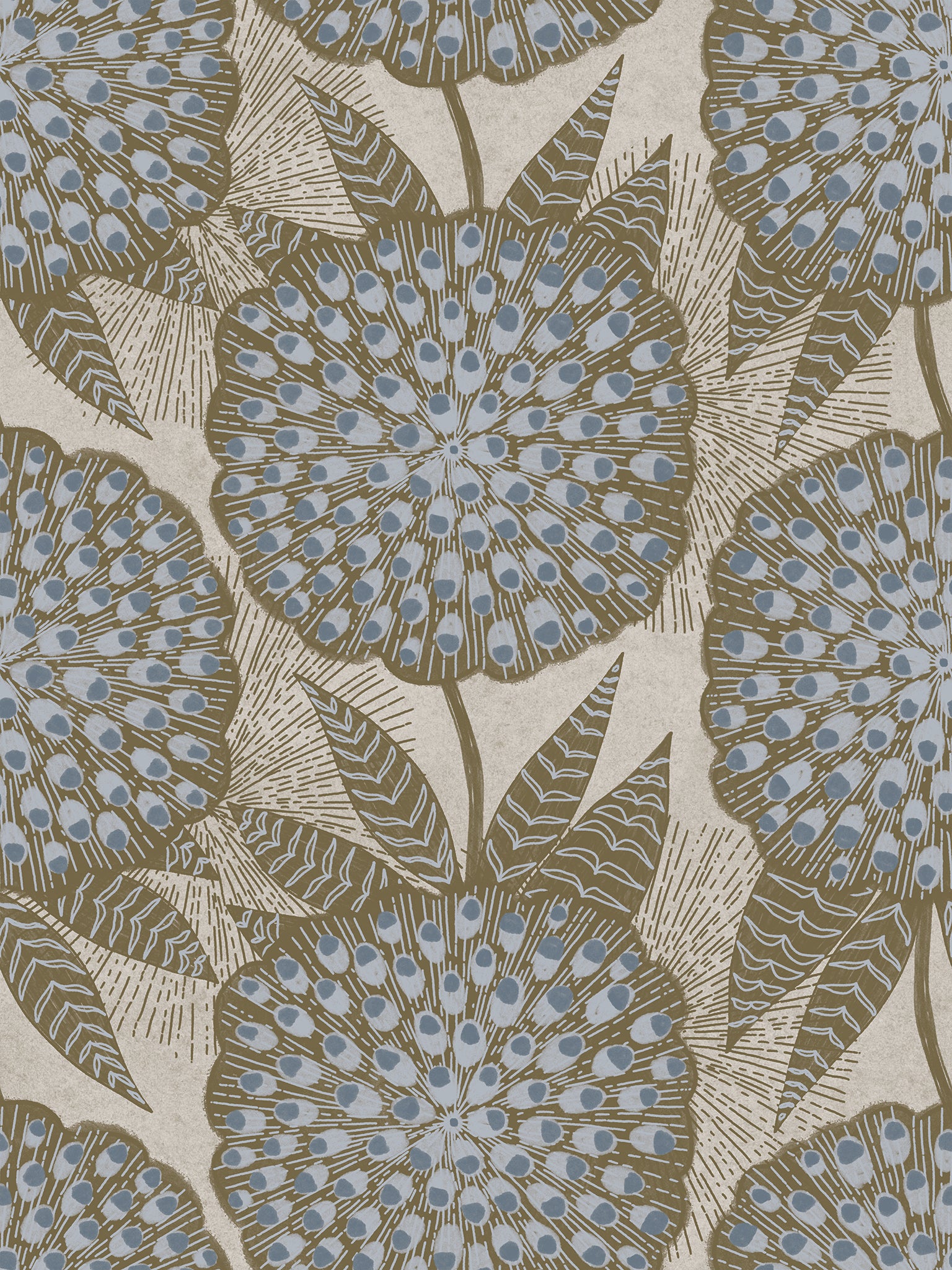 Wallpaper featuring a pattern blue and brown marigolds on a beige background.