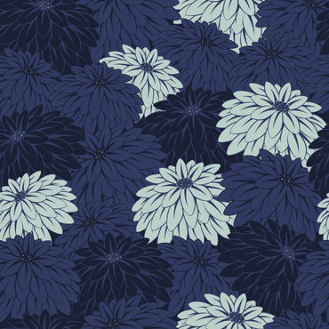 Pattern of blue and green flowers on a dark blue background