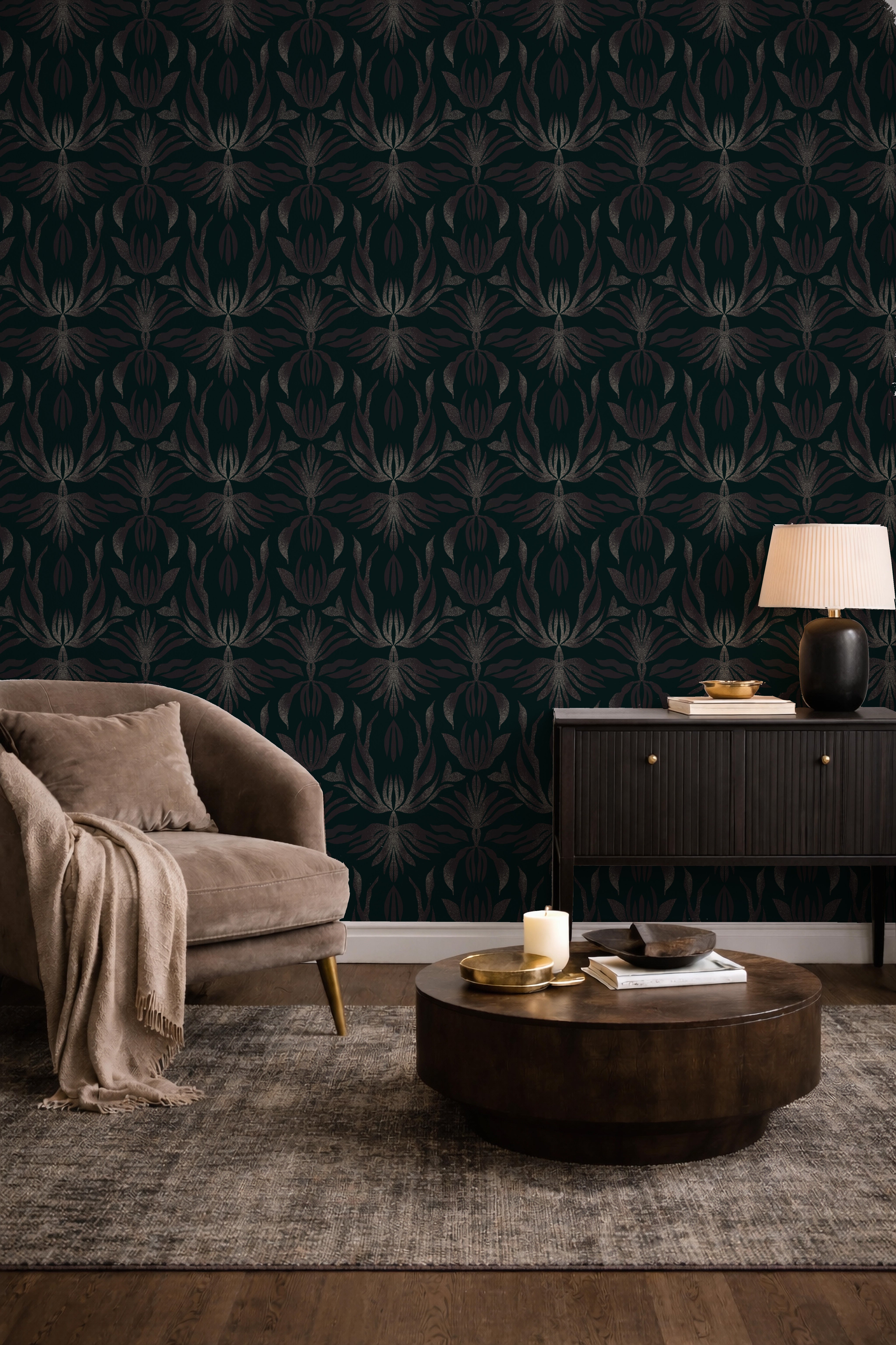 Living room with dark patterned wallpaper, brown armchair, and wooden coffee table.