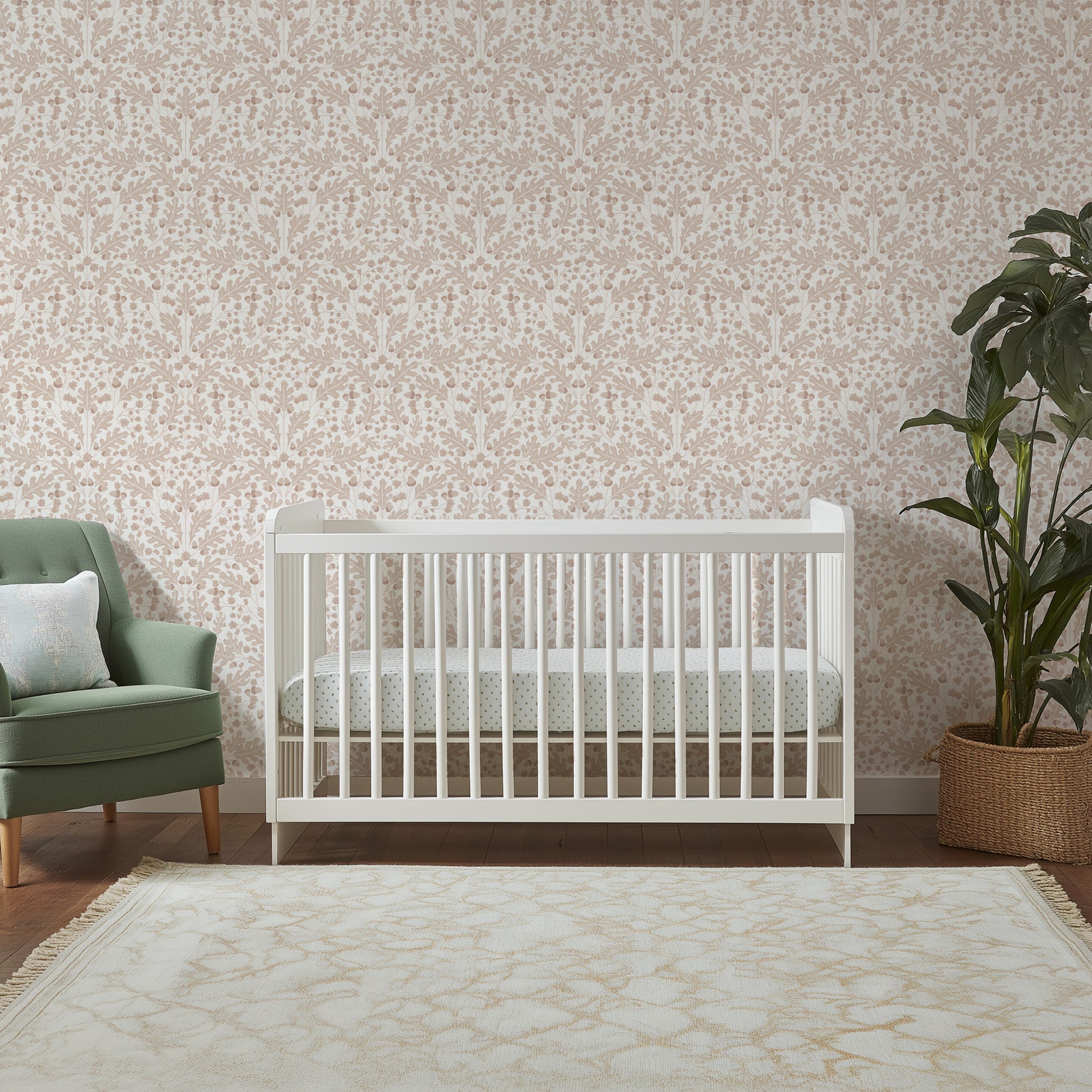 Large Scale Heritage Oak & Acorn Ogee Ivory peel and stick wallpaper room mockup
