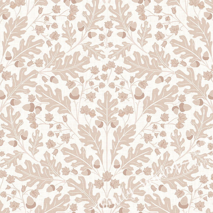 Large Scale Heritage Oak & Acorn Ogee Ivory peel and stick wallpaper pattern swatch