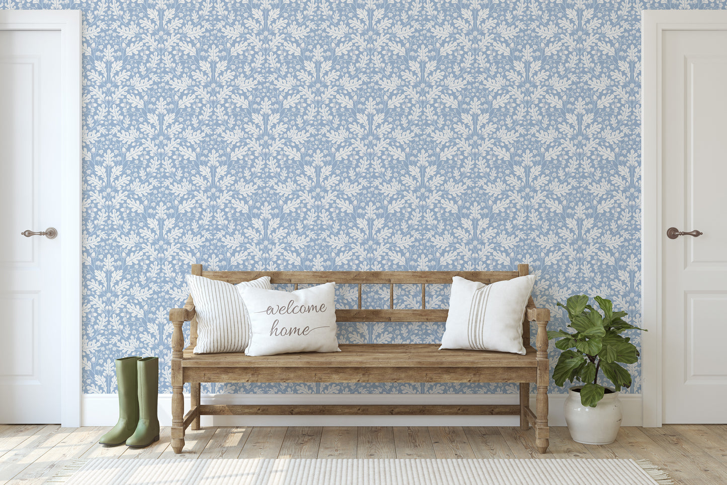 Large Scale Heritage Oak & Acorn Ogee Blue peel and stick wallpaper room mockup