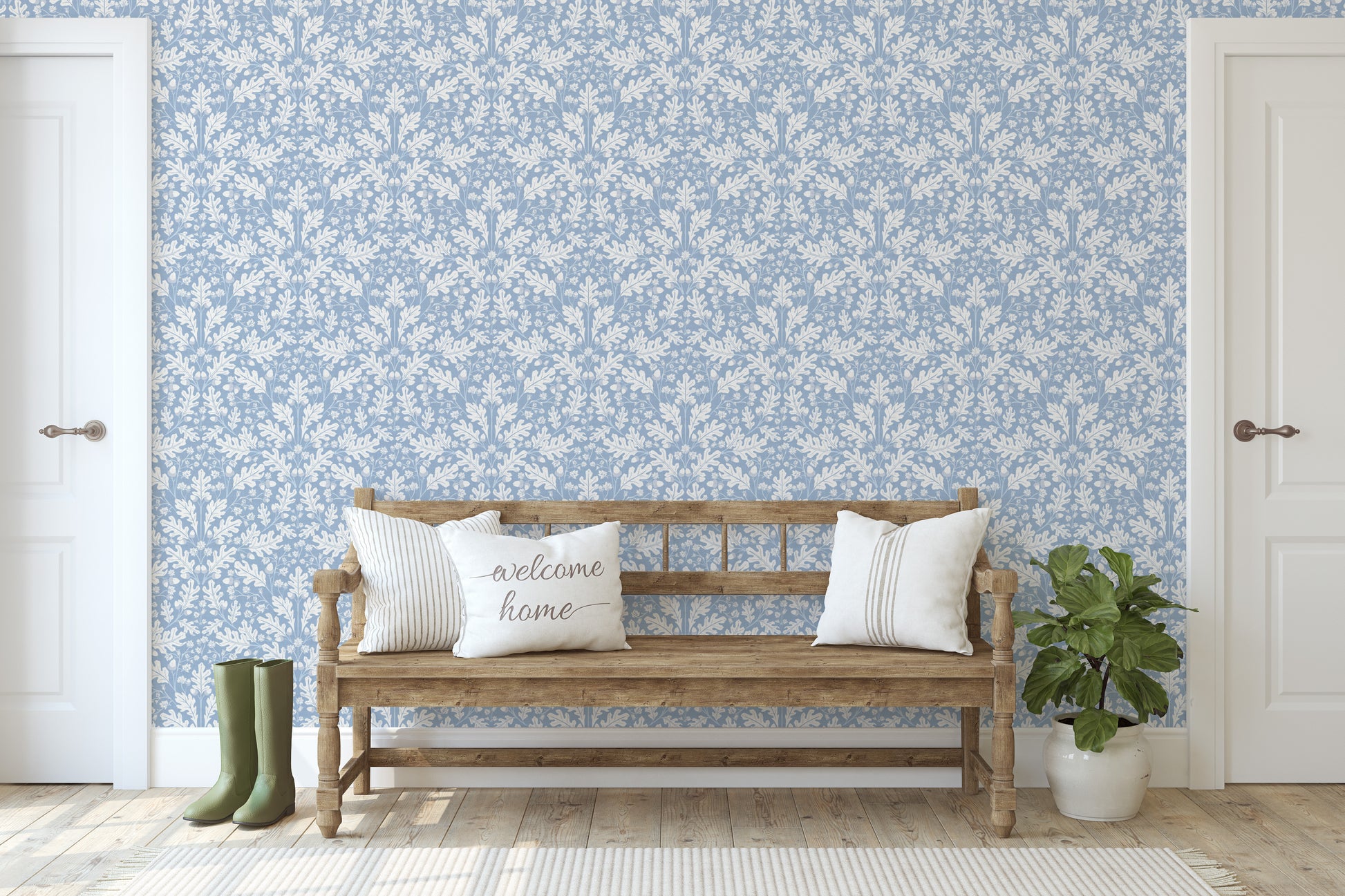 Large Scale Heritage Oak & Acorn Ogee Blue peel and stick wallpaper room mockup