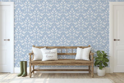 Large Scale Heritage Oak & Acorn Ogee Blue peel and stick wallpaper room mockup