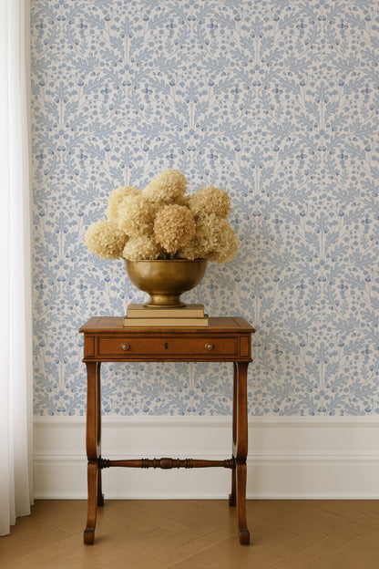 Large Scale Heritage Oak & Acorn Ogee White peel and stick wallpaper room mockup