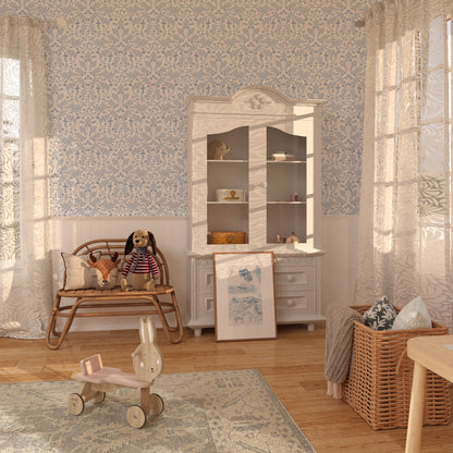 Large Scale Heritage Oak & Acorn Ogee White peel and stick wallpaper room mockup