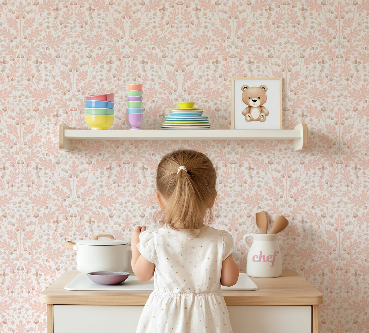 Large Scale Heritage Oak & Acorn Ogee Blush peel and stick wallpaper room mockup
