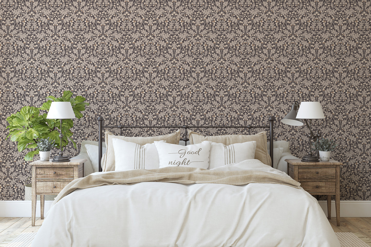 Large Scale Heritage Oak & Acorn Ogee Blush peel and stick wallpaper room mockup