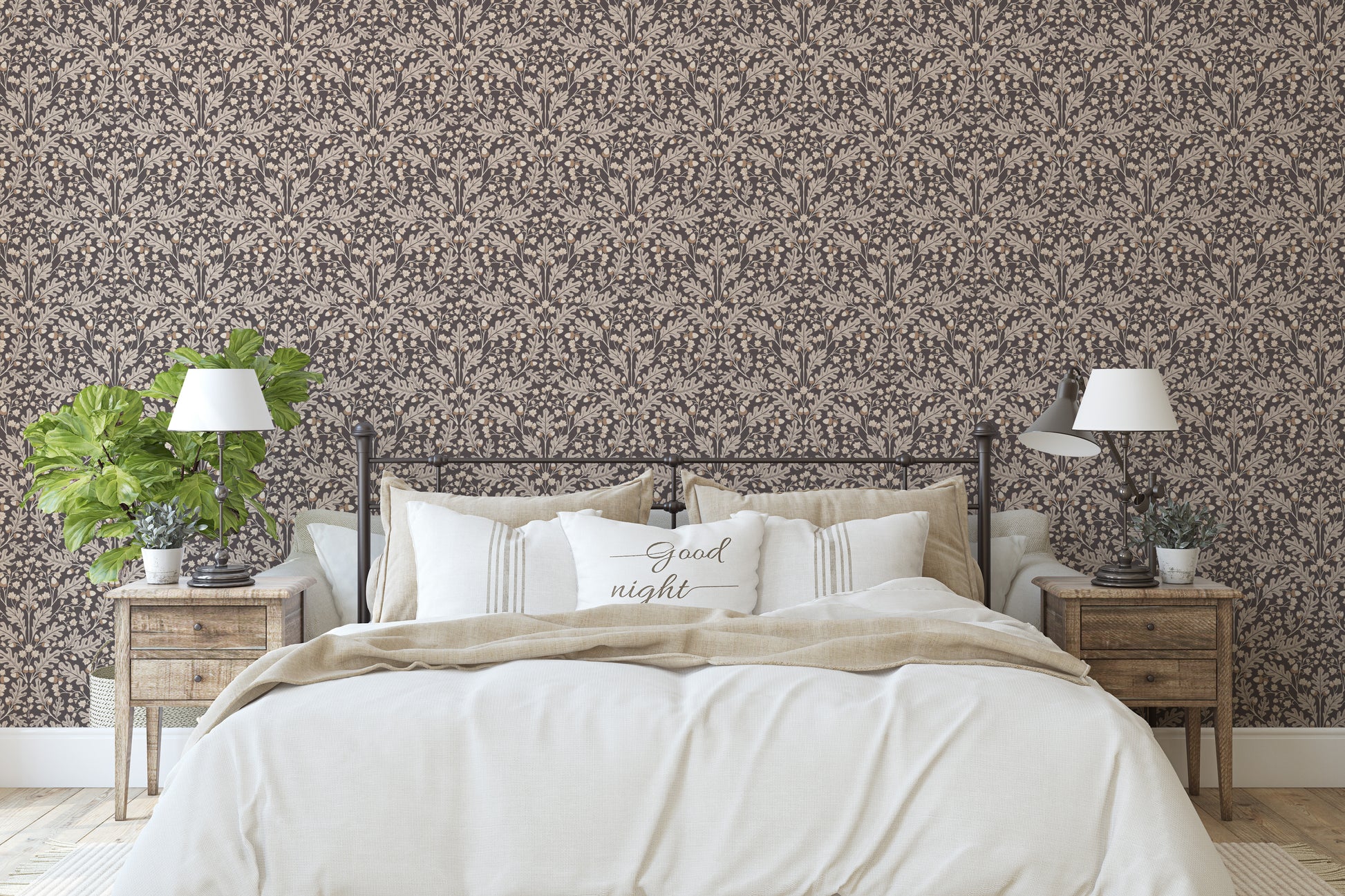 Large Scale Heritage Oak & Acorn Ogee Blush peel and stick wallpaper room mockup