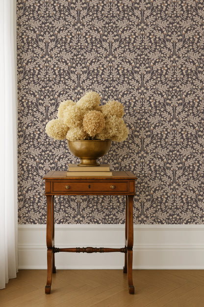 Large Scale Heritage Oak & Acorn Ogee Green & Beige On Ivory peel and stick wallpaper room mockup