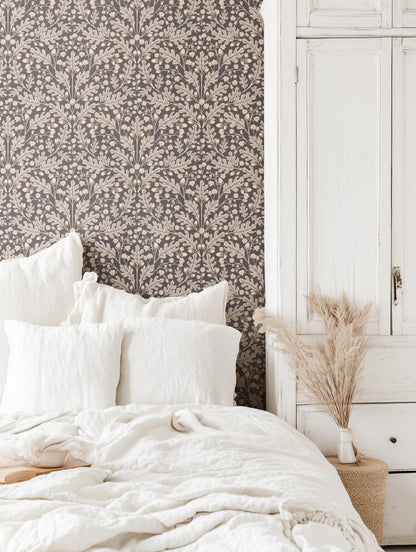 Large Scale Heritage Oak & Acorn Ogee Steel Blue peel and stick wallpaper room mockup