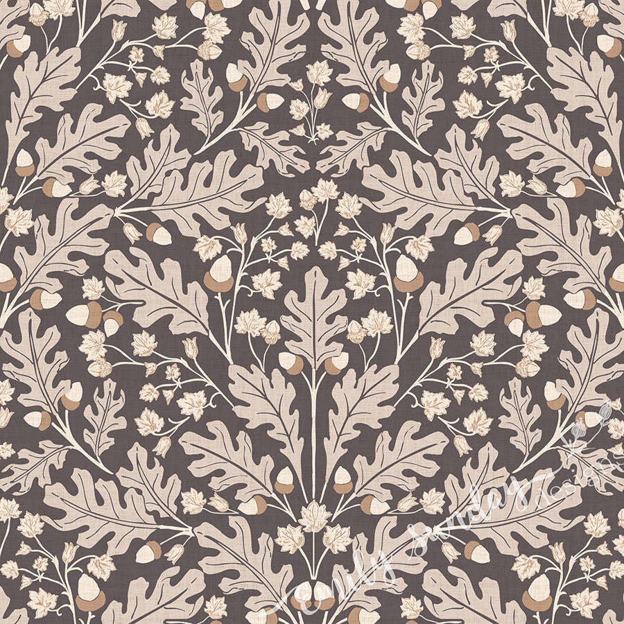 Large Scale Heritage Oak & Acorn Ogee Blue peel and stick wallpaper pattern swatch