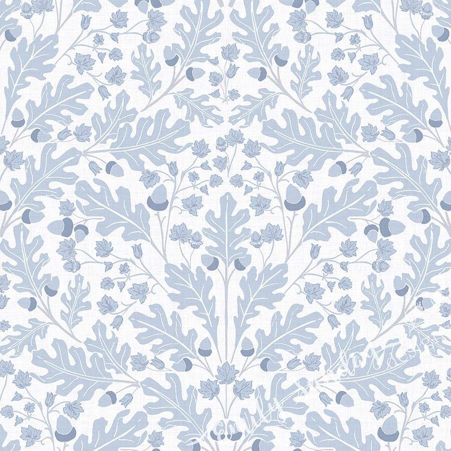 Large Scale Heritage Oak & Acorn Ogee White peel and stick wallpaper pattern swatch