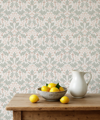 Large Scale Heritage Oak & Acorn Ogee Blush peel and stick wallpaper room mockup