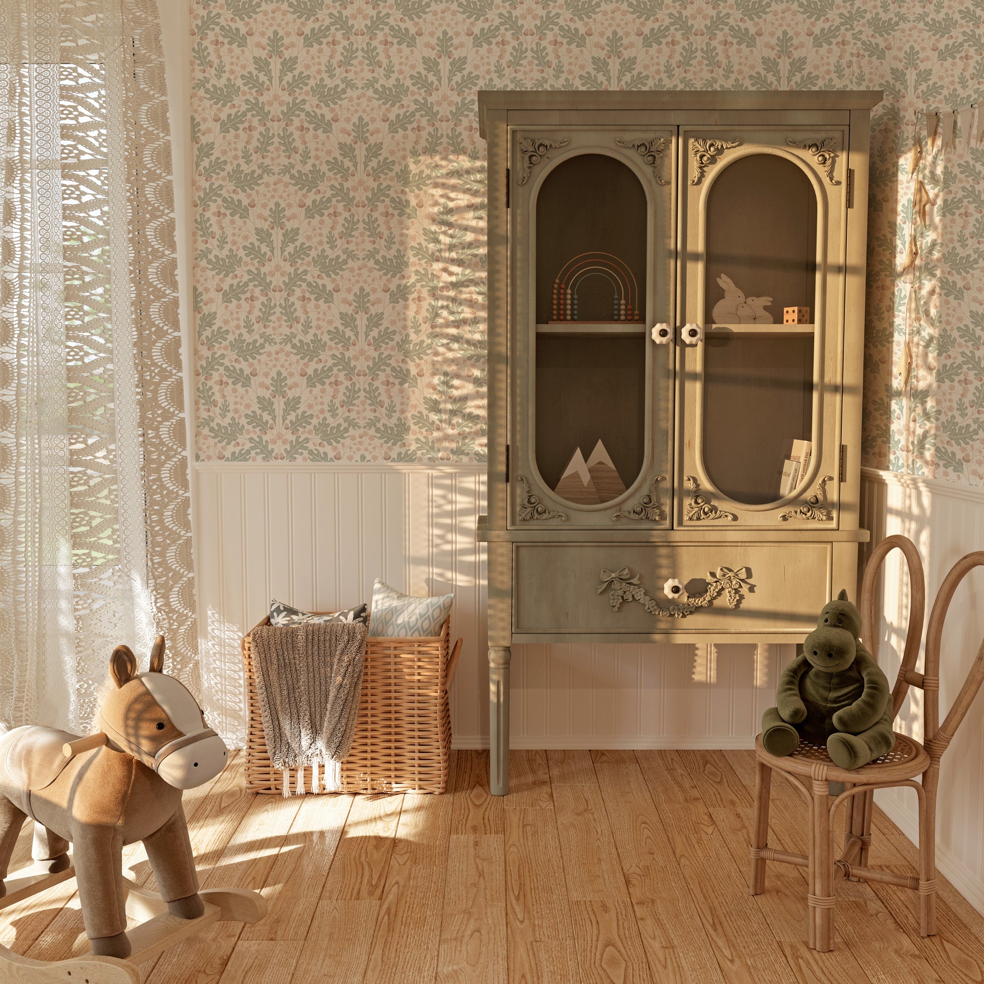 Large Scale Heritage Oak & Acorn Ogee Blue peel and stick wallpaper room mockup