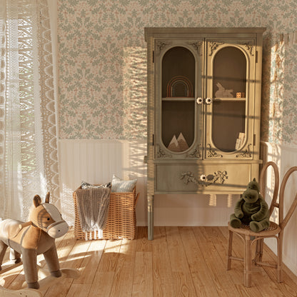 Large Scale Heritage Oak & Acorn Ogee Blue peel and stick wallpaper room mockup