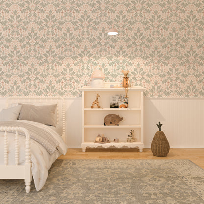 Large Scale Heritage Oak & Acorn Ogee Dark Green peel and stick wallpaper room mockup