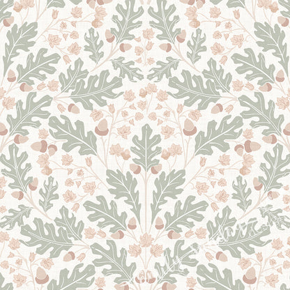 Large Scale Heritage Oak & Acorn Ogee Linen peel and stick wallpaper pattern swatch
