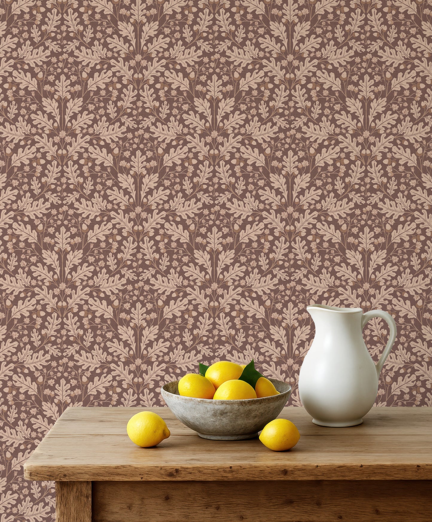 Large Scale Heritage Oak & Acorn Ogee Mocha peel and stick wallpaper room mockup