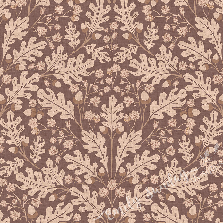 Large Scale Heritage Oak & Acorn Ogee Mocha peel and stick wallpaper pattern swatch