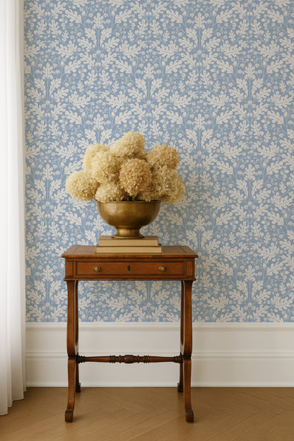 Large Scale Heritage Oak & Acorn Ogee Blue peel and stick wallpaper room mockup