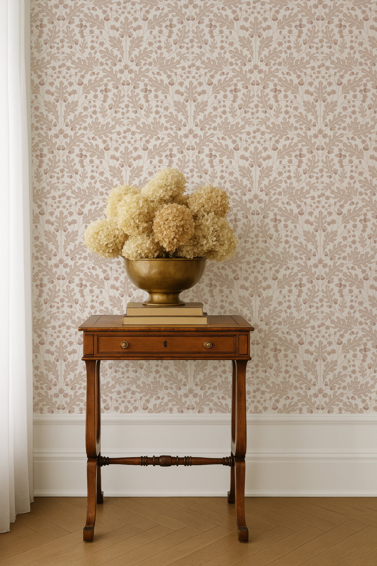 Large Scale Heritage Oak & Acorn Ogee Ivory peel and stick wallpaper room mockup