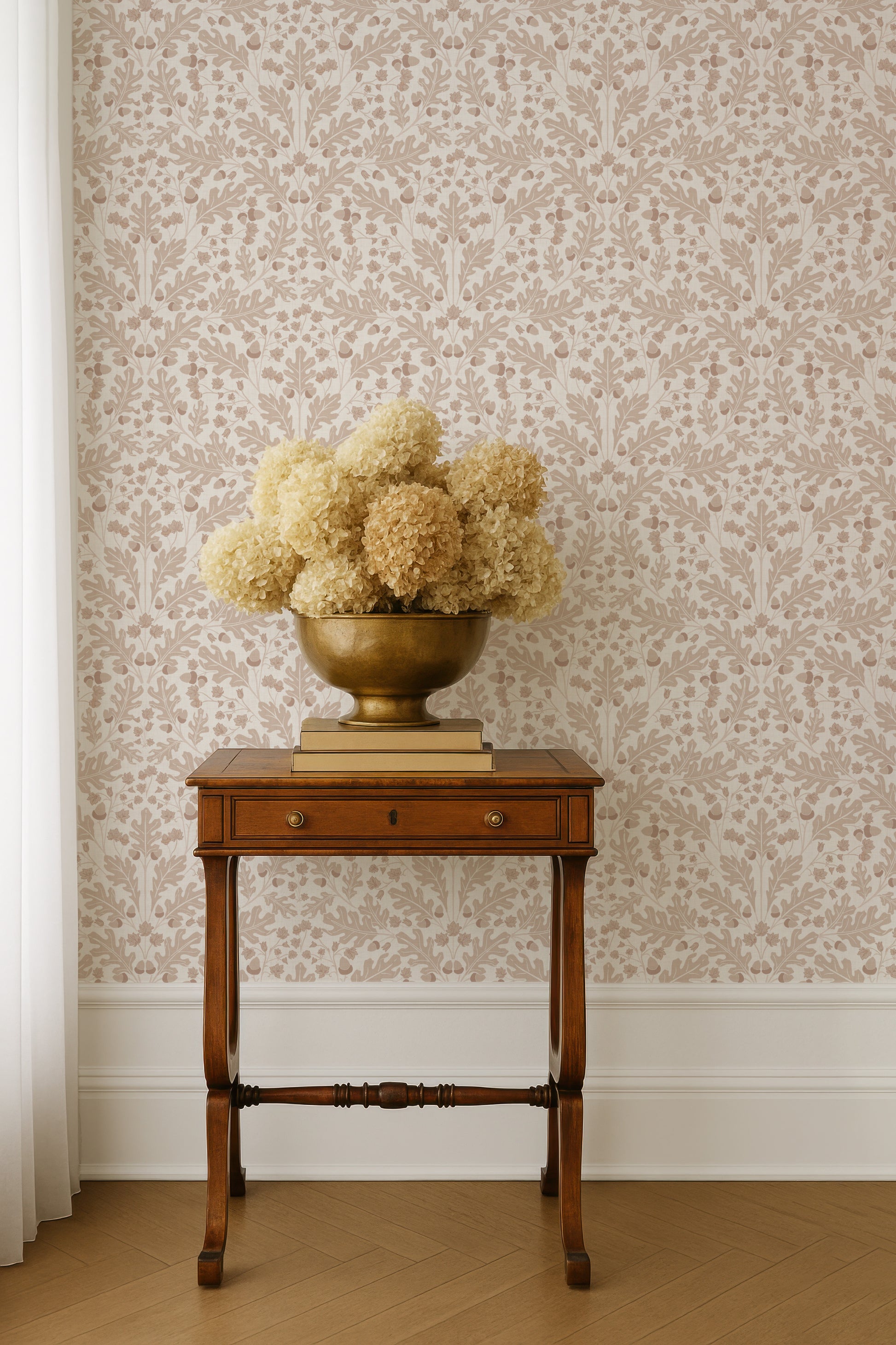 Large Scale Heritage Oak & Acorn Ogee Ivory peel and stick wallpaper room mockup