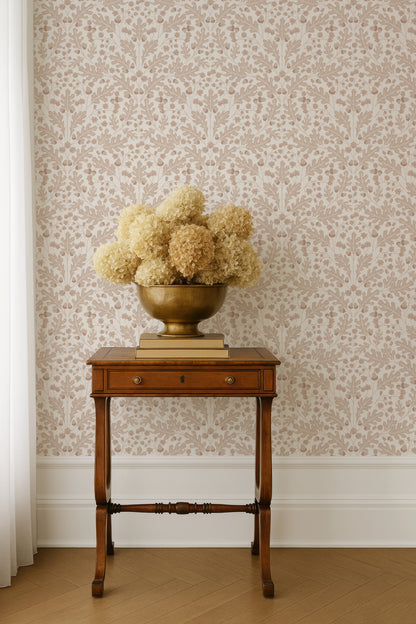 Large Scale Heritage Oak & Acorn Ogee Ivory peel and stick wallpaper room mockup