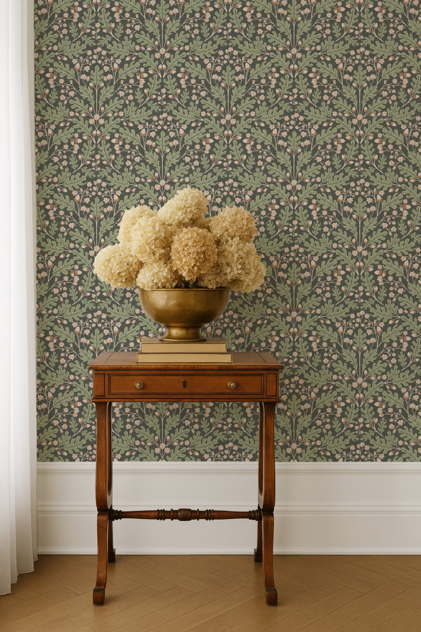 Large Scale Heritage Oak & Acorn Ogee Beige & Ivory peel and stick wallpaper room mockup