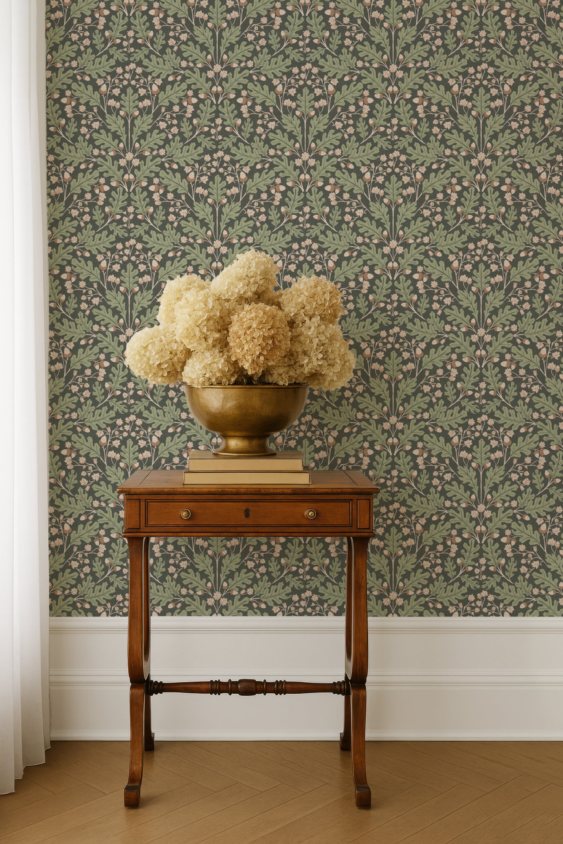 Large Scale Heritage Oak & Acorn Ogee Beige & Ivory peel and stick wallpaper room mockup