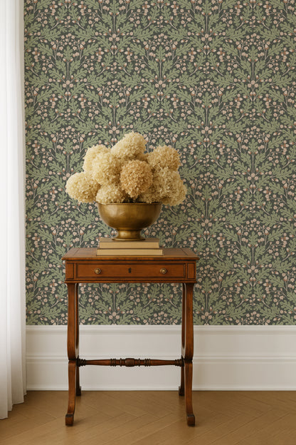 Large Scale Heritage Oak & Acorn Ogee Beige & Ivory peel and stick wallpaper room mockup
