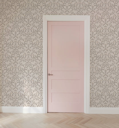 Large Scale Heritage Oak & Acorn Ogee Green & Beige On Ivory peel and stick wallpaper room mockup
