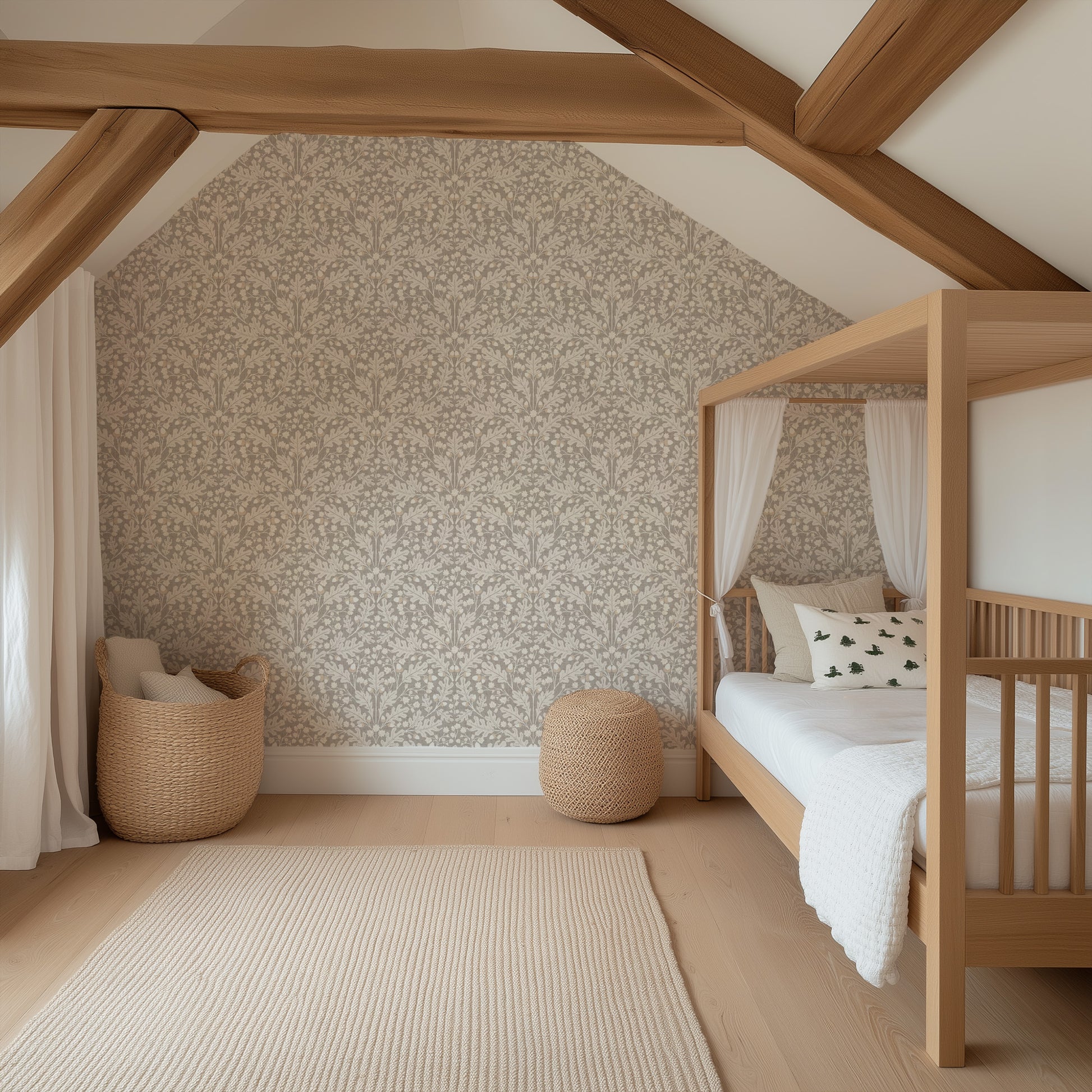 Large Scale Heritage Oak & Acorn Ogee Espresso Brown peel and stick wallpaper room mockup
