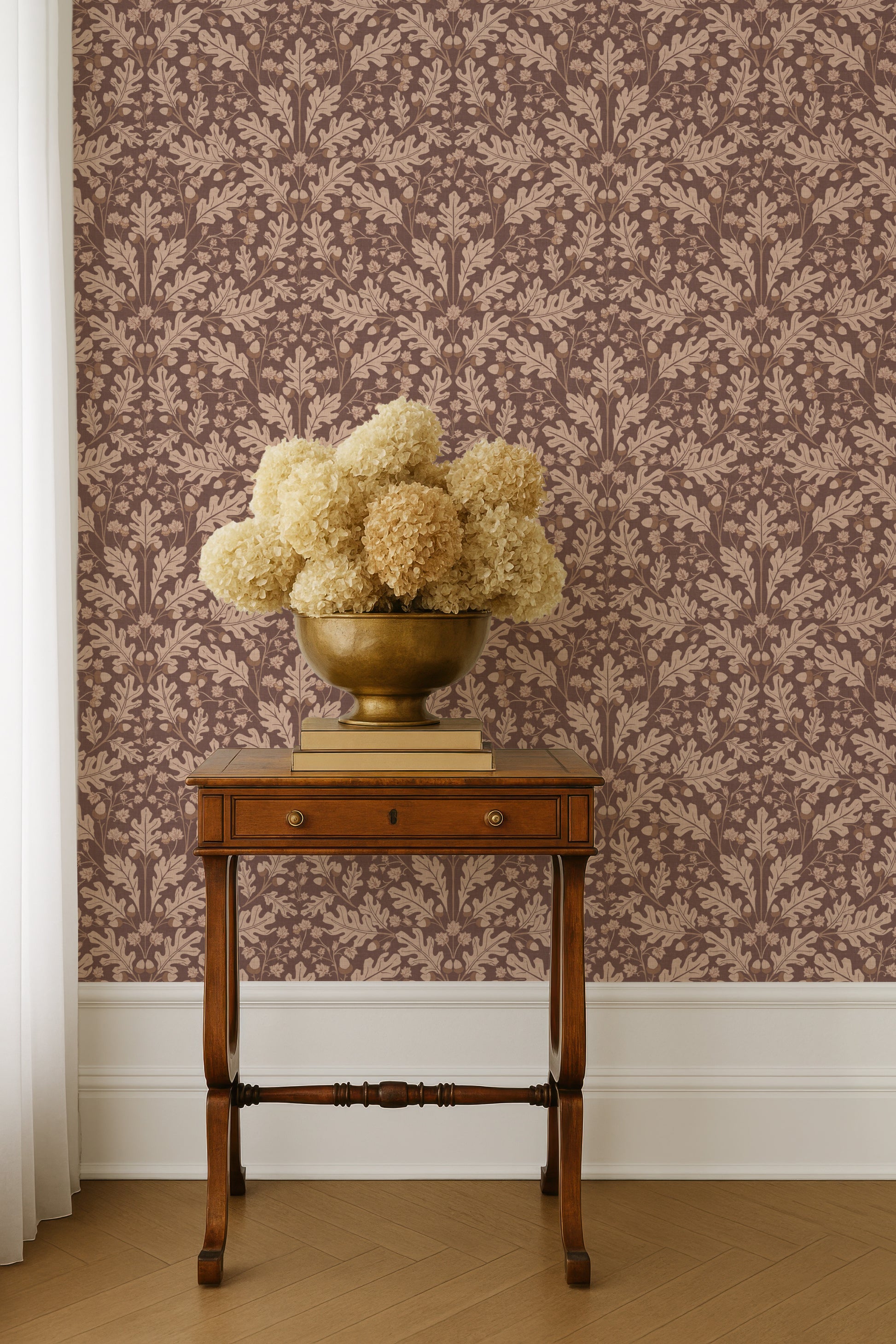 Large Scale Heritage Oak & Acorn Ogee Mocha peel and stick wallpaper room mockup
