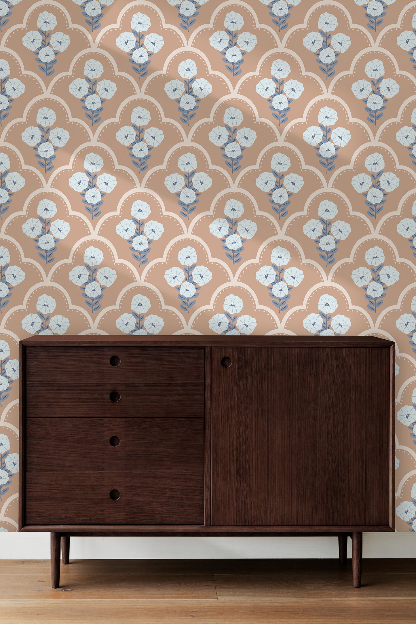 Mallow Bindweed Beige peel and stick wallpaper room mockup
