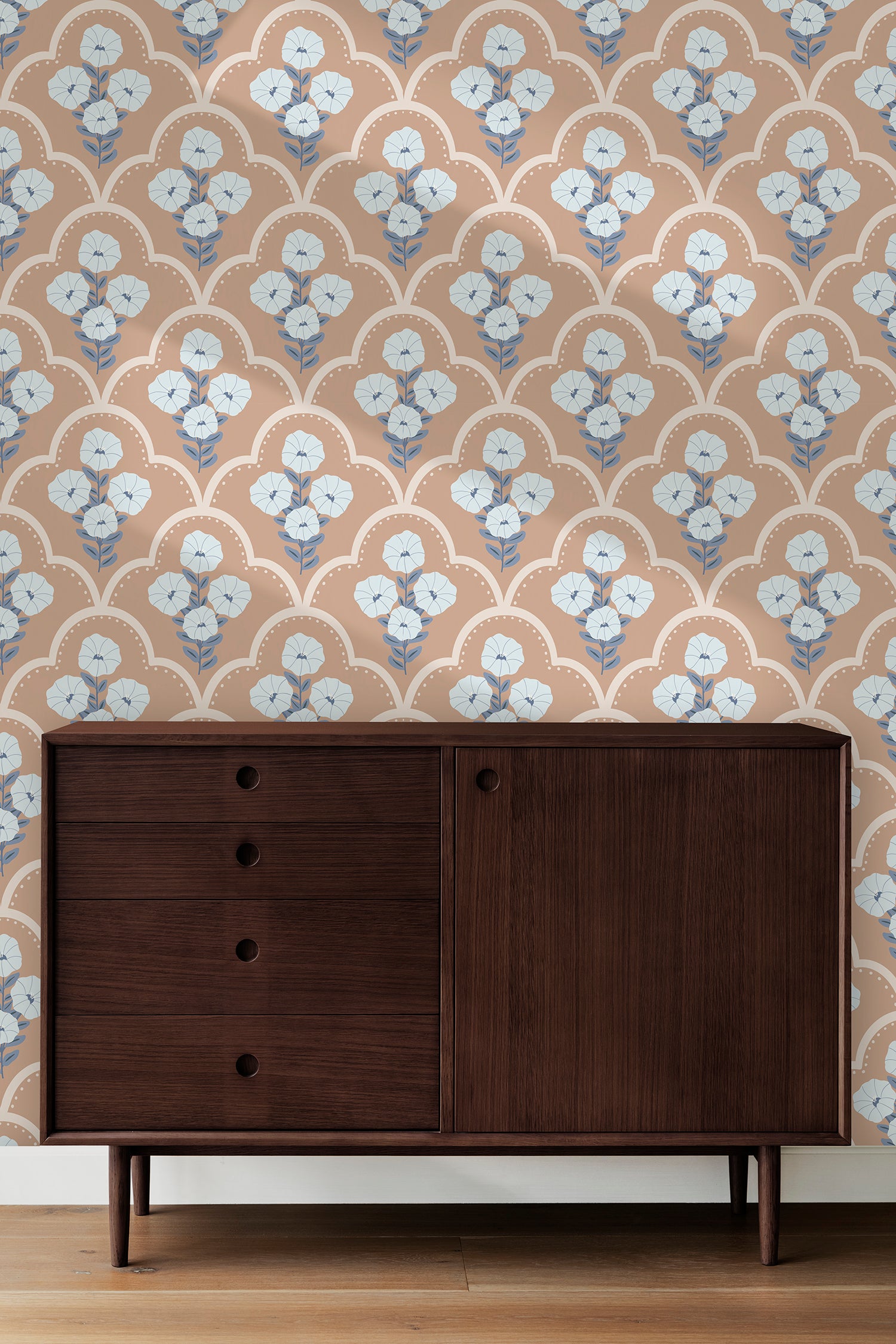 Mallow Bindweed Beige peel and stick wallpaper room mockup