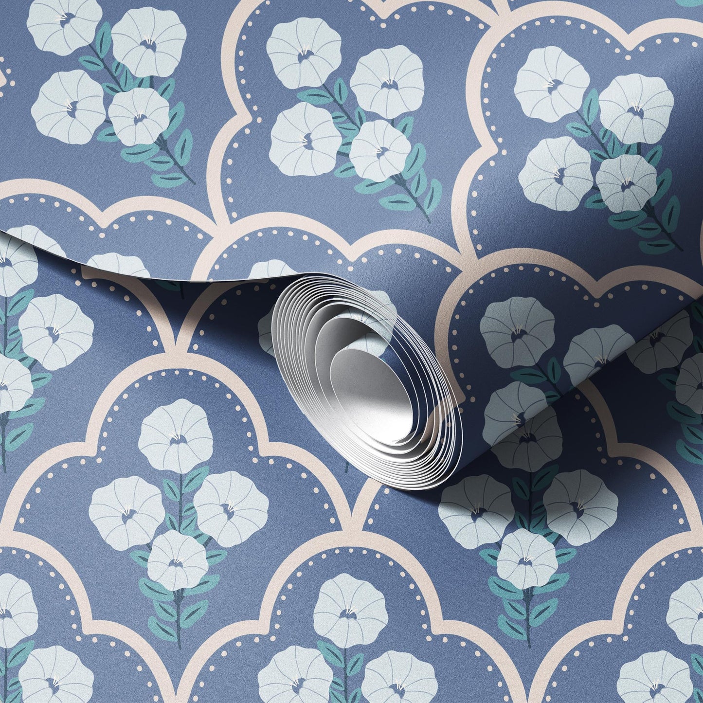 Mallow Bindweed Blue and Light Cream Wallpaper