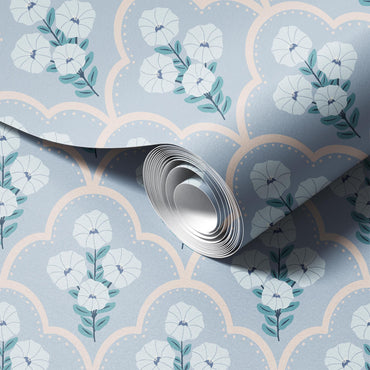 Mallow Bindweed Light Blue peel and stick wallpaper room mockup
